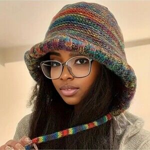 Knit bonnet hat rainbow detached hooded head cover multicolor